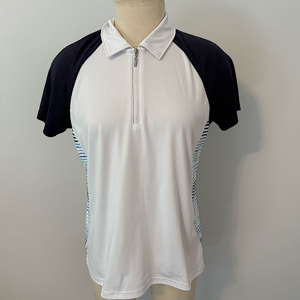 IZOD Golf White & Navy Blue Stripes Quarter Zip Short Sleeve Polo Shirt Large